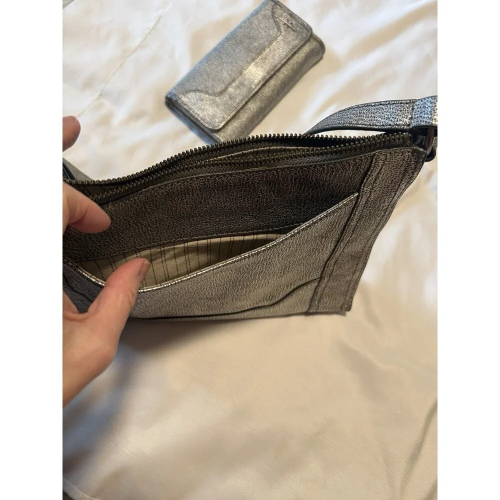 Frye Metallic Leather Crossbody Bag + Matching Wallet Pewter Silver Set